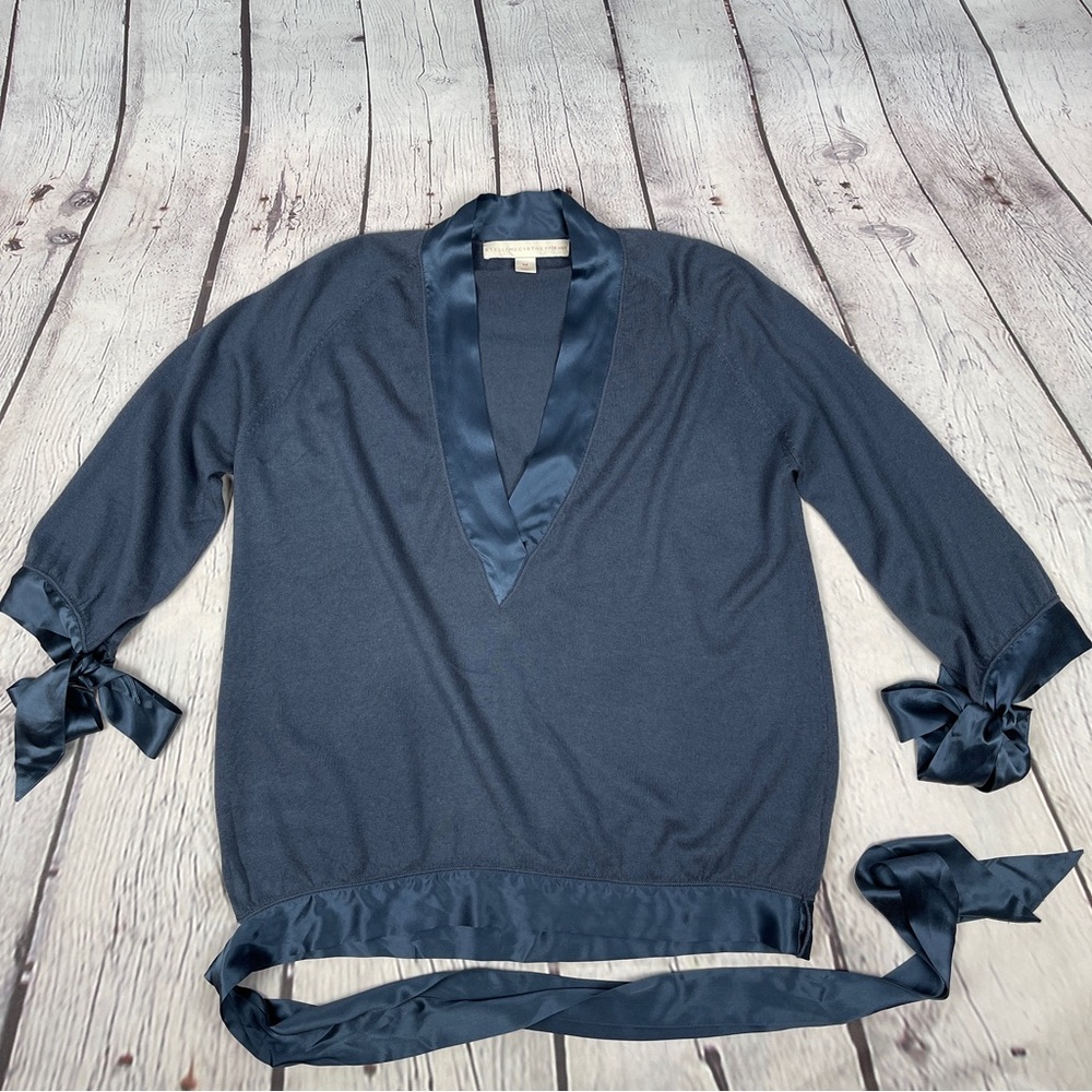 Stella McCartney Navy Satin-Trim V-Neck Sweater - Picture 10 of 15